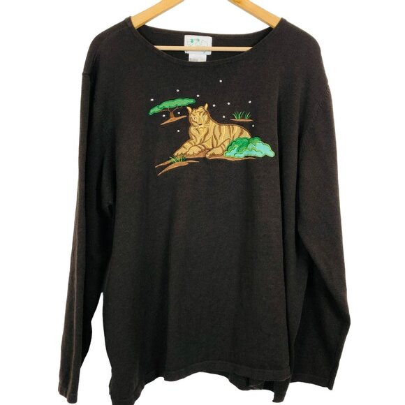 Quacker Factory Tops - Vintage 90s Quacker Factory Women's Tiger Applique Top Sz 2X Long Sleeve Brown